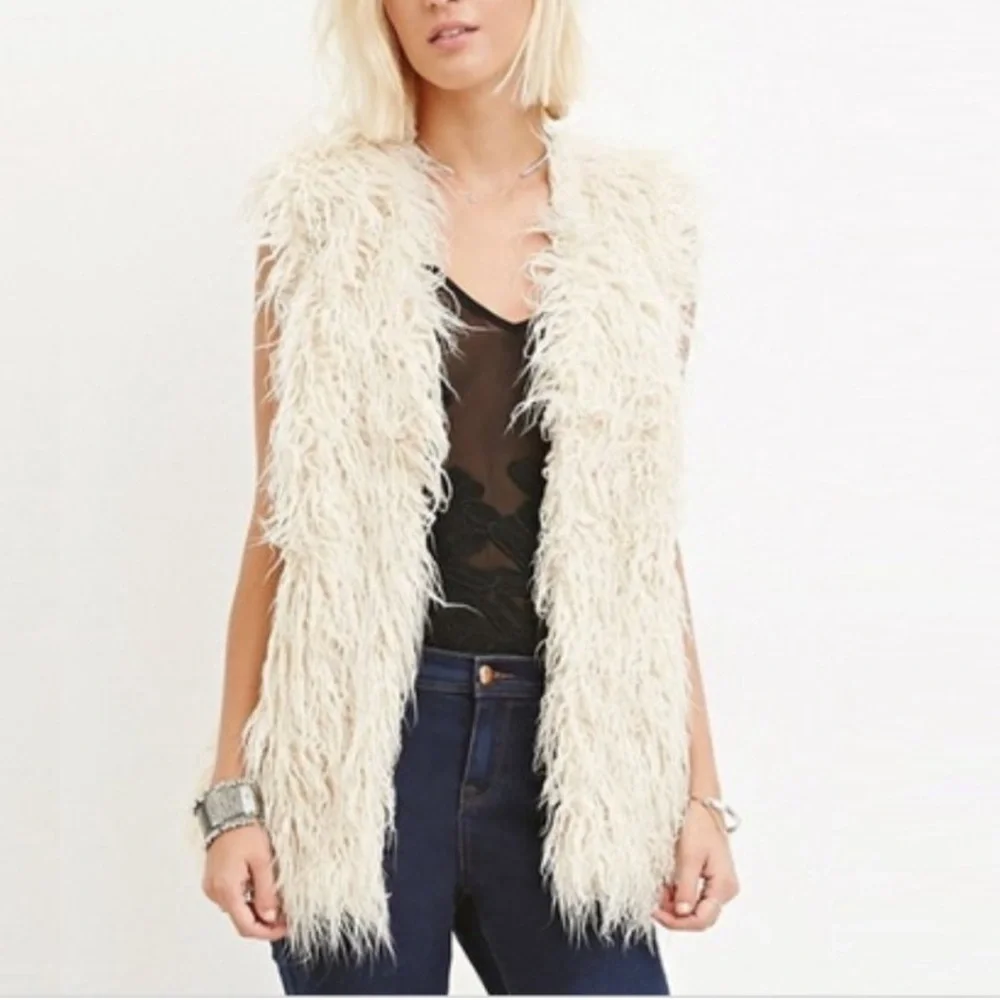 I Love H81 Los Angeles California - Boho Cream Faux Fur Shaggy Long Vest Sz S/M